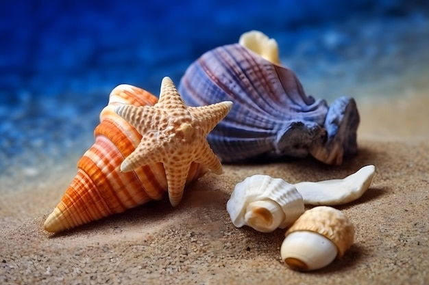 Summer background seashells and stars border on sand neural network ai generated