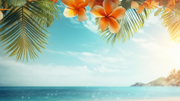 緑豊かなナツメヤシの間でオレンジの花がく熱帯のビーチの夏の背景