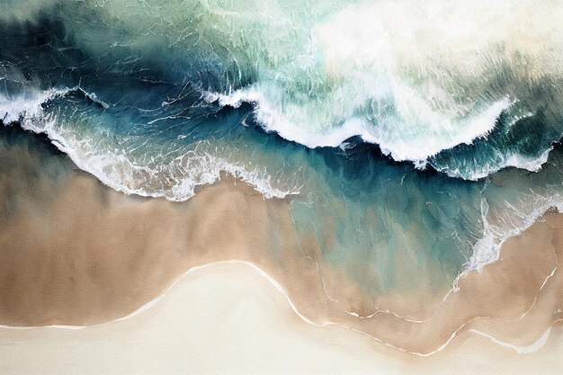 Photo summer background watercolor sea wave and sand beach. top bird eye view generative ai.