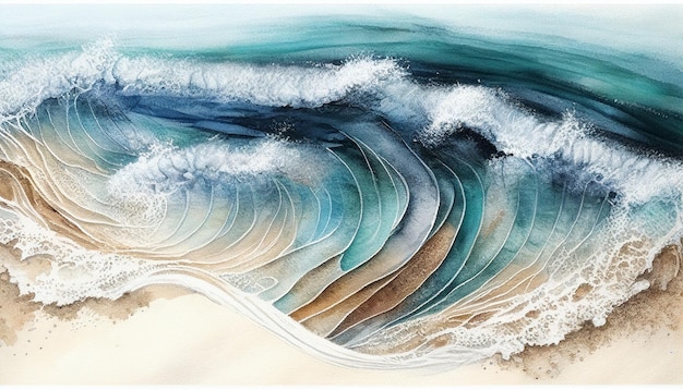 Photo summer background watercolor sea wave and sand beach. top bird eye view generative ai.