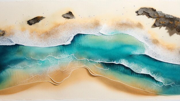 Photo summer background watercolor sea wave and sand beach. top bird eye view generative ai.