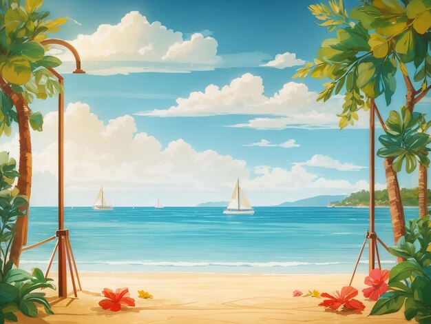 Summer background with beach view with sailboats