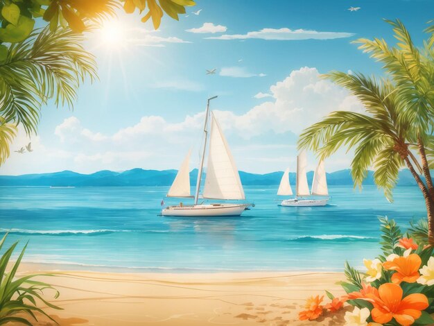 Summer background with beach view with sailboats