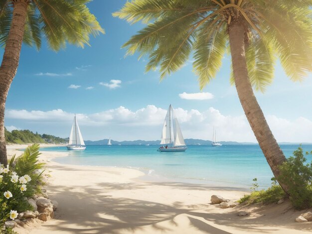 Summer background with beach view with sailboats