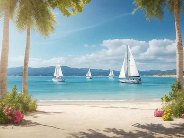 Summer background with beach view with sailboats