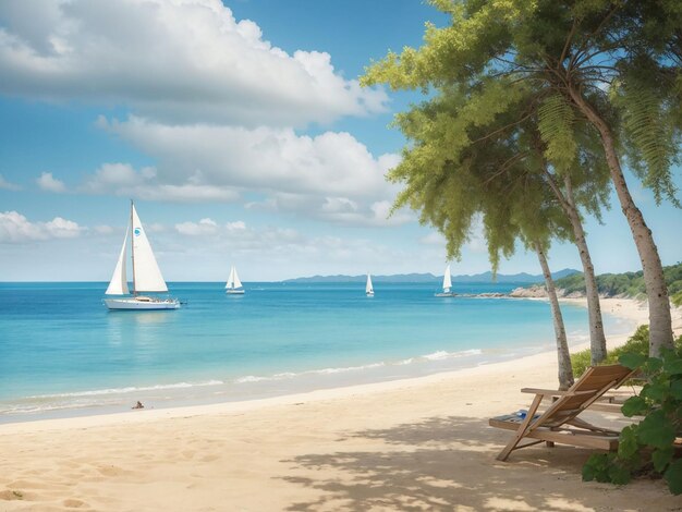 Summer background with beach view with sailboats