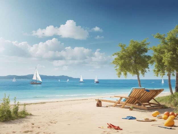 Photo summer background with beach view with sailboats