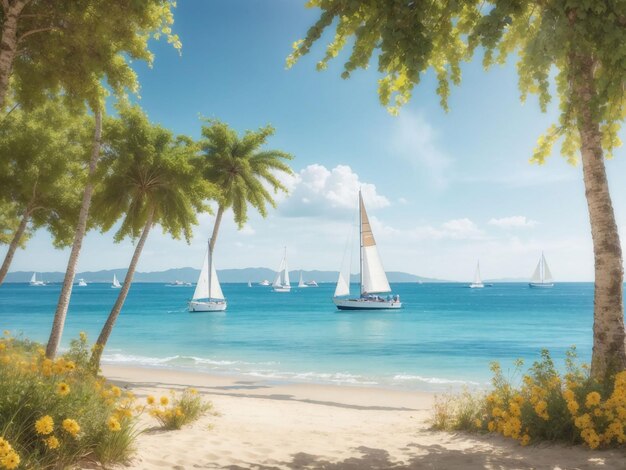 Summer background with beach view with sailboats