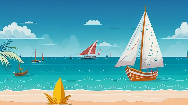 Summer background with beach view with sailboats