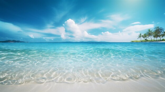 Photo summer background with blue ocean and sandy beach hot sunny day on island with palm trees