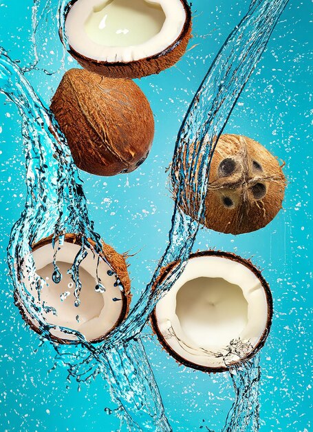 Фото Летний фон с кокосовыми орехами на водном фоне с брызгами воды творческий летний фон