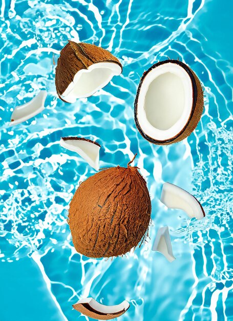 Summer background with coconuts on water background with water splashes creative summer bacground