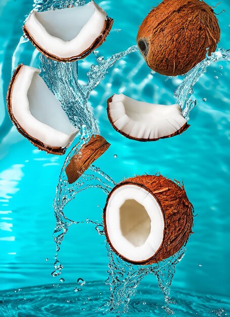 Summer background with coconuts on water background with water splashes creative summer background