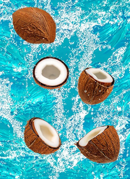 Foto sfondo estivo con noci di cocco su sfondo d'acqua con schizzi d'acqua sfondo estivo creativo