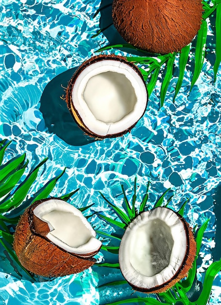 Summer background with coconuts on water background with water splashes creative summer background