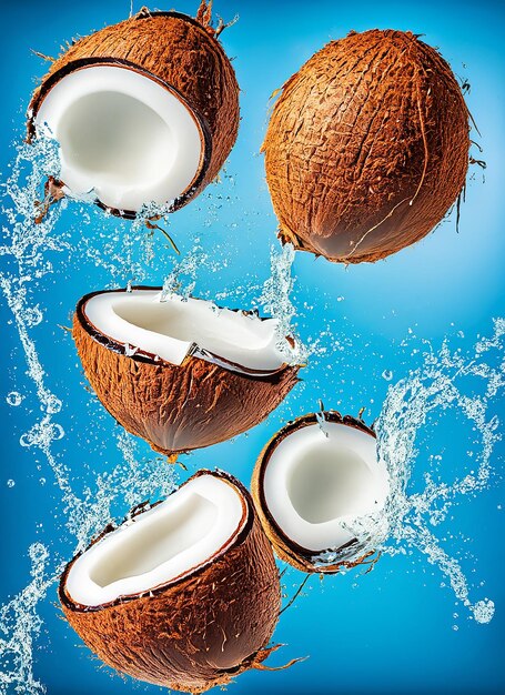 Summer background with coconuts on water background with water splashes creative summer background