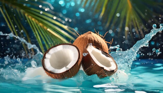 Summer background with coconuts on water background with water splashes creative summer background