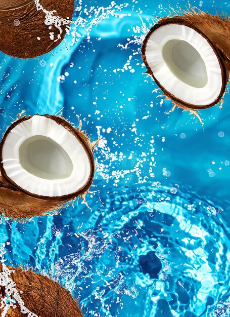 Photo summer background with coconuts on water background with water splashes creative summer background