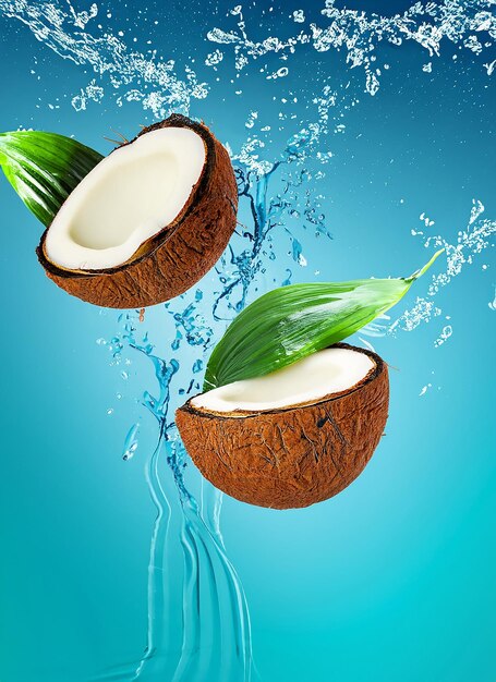 Summer background with coconuts on water background with water splashes creative summer background