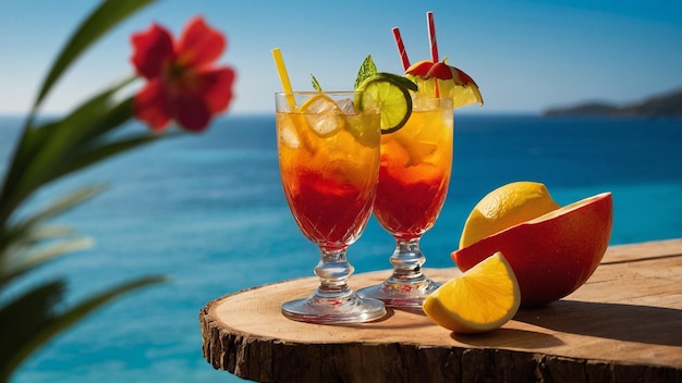 Summer background with couple of glasses filled with drinks on top of a wooden table