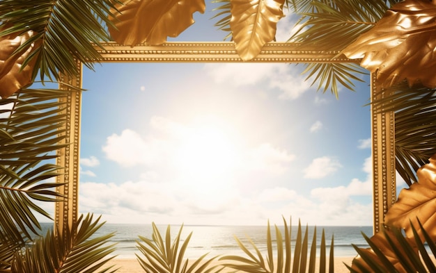 写真 夏の背景は熱帯の金色のビーチの自然と太陽の光と葉のパームの線です