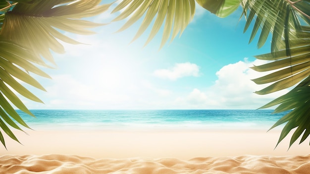 태양광선과 나뭇잎 야자나무가 있는 열대 황금빛 해변의 프레임 특성이 있는 여름 배경