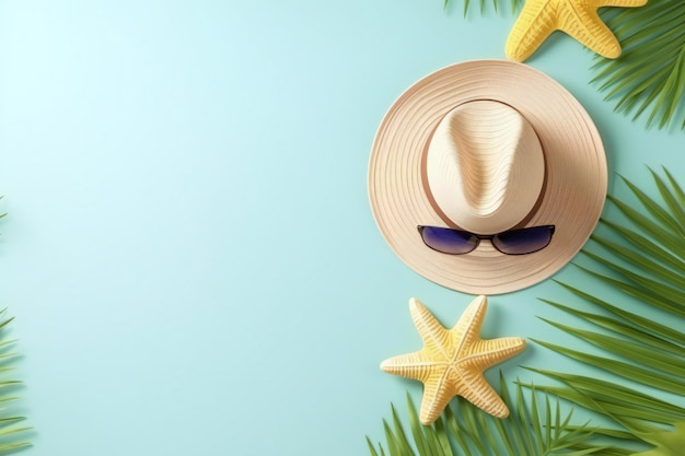 summer background with green leaf hat and sunglasses