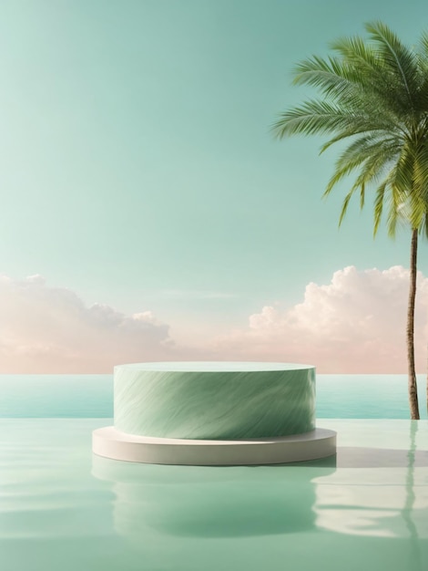 Летний фон с зеленым мраморным подиумом у бассейна и пальмой с видом на море