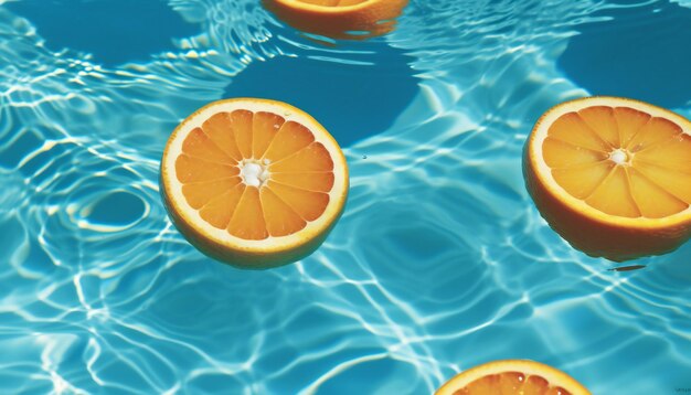 Summer background with orange fruit slices in swimming pool