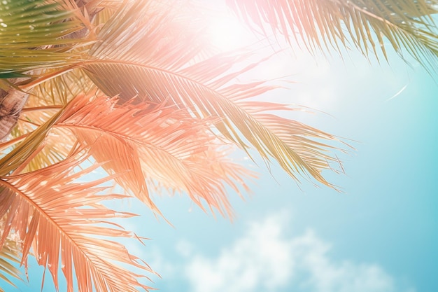 Summer background with palms and sun high palm trees and bright sun on yellow and blue background