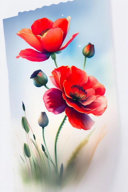 Summer background with red poppies watercolor