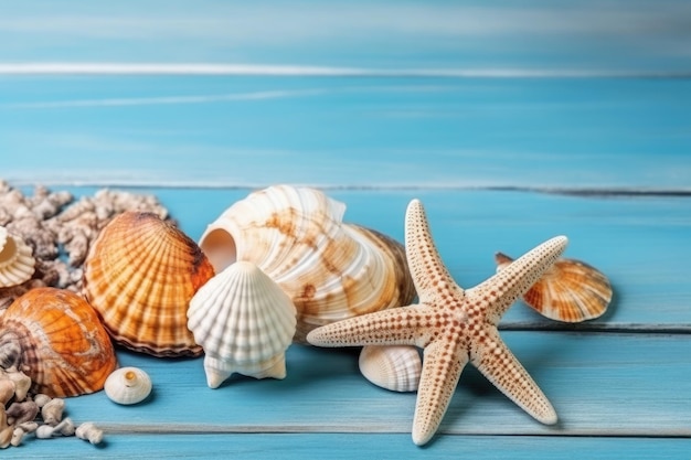 Summer background with shells and starfish on a blue background Copy space Ai generative