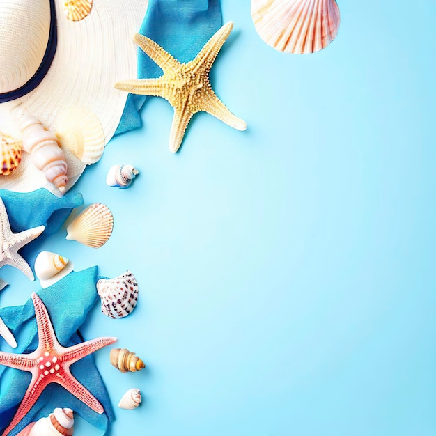 summer background with shells starfish and capes on a blue background Copy space