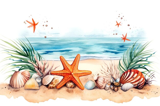 Summer background with starfish and seashells on the beach A clean beach during summer vacation