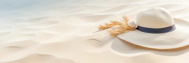 Summer background with straw hat and white sand with empty copy space