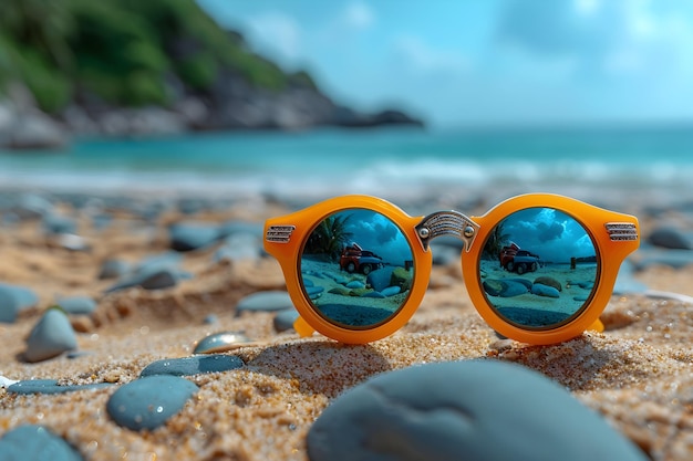 Foto sfondio estivo con occhiali da sole sulla spiaggia post sui social media dell'estate felice