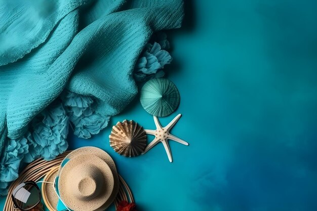 Foto sfondo estivo con conchiglie cappello da sole e stelle marine su sfondo blu