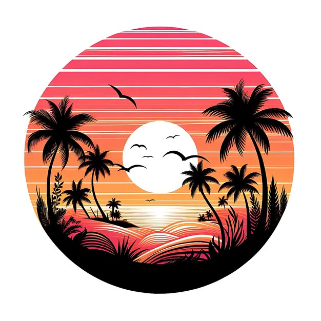 Летний фон с заходом солнца и иллюстрацией пальмовых деревьев