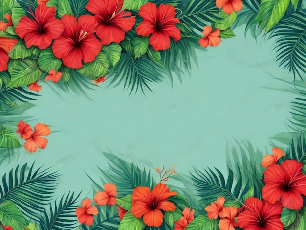 Фото Летний фон с тропическими листьями и цветами гибиска