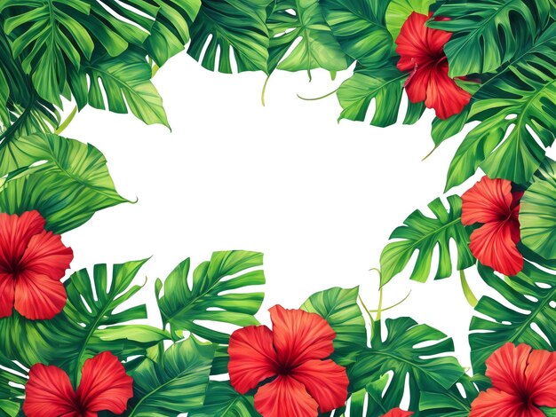 Summer background with tropical leaves and hibiscus flowers ai generated