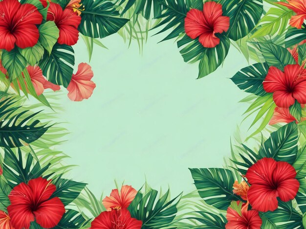 Summer background with tropical leaves and hibiscus flowers ai generated