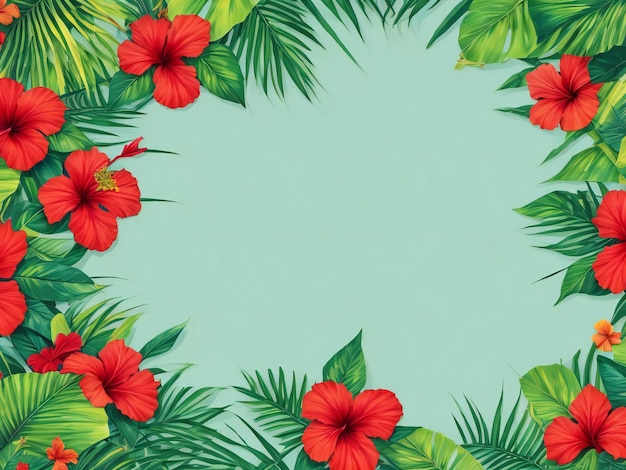 Photo summer background with tropical leaves and hibiscus flowers ai generated