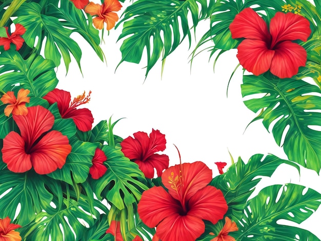 Summer background with tropical leaves and hibiscus flowers ai generated