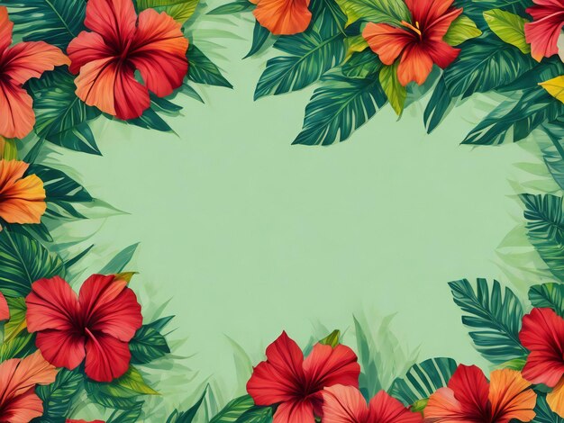 Summer background with tropical leaves and hibiscus flowers ai generated