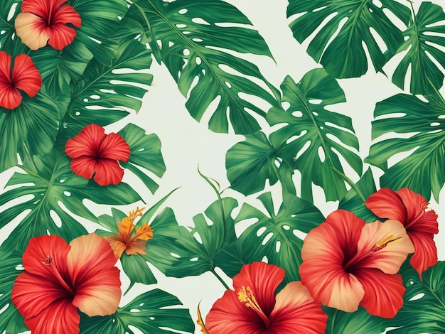 Summer background with tropical leaves and hibiscus flowers ai generated