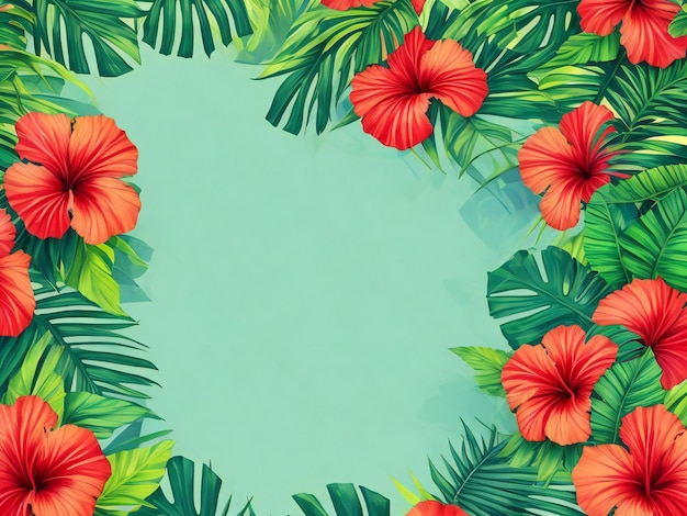 Summer background with tropical leaves and hibiscus flowers ai generated