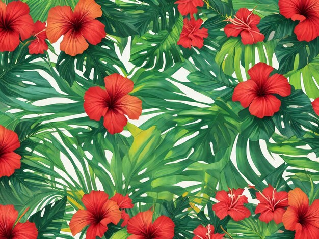 Summer background with tropical leaves and hibiscus flowers ai generated