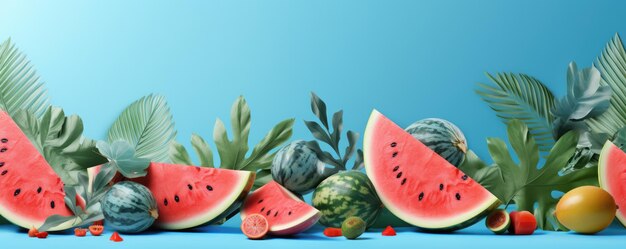 Summer background with tropical leaves with watermelon slides panorama generative ai