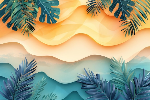 Photo summer background with tropical plants and abstract waves