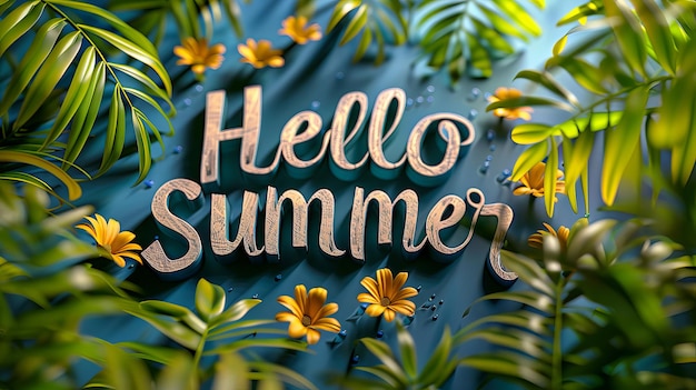 写真 summer background with tropical plants and hello summer inscription